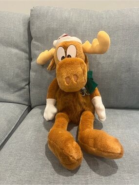 Holiday Bullwinkle Moose Stuffed Animal with Green Scarf - decor